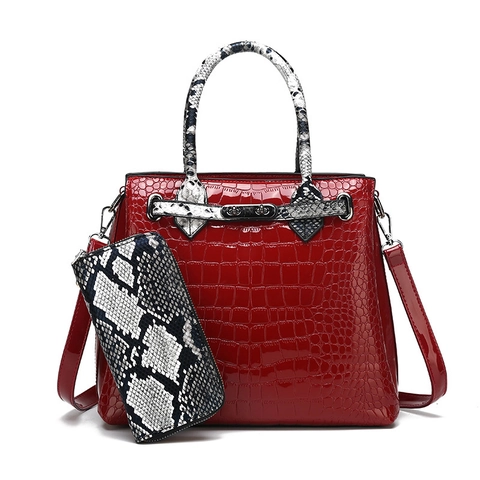 Handbag And Wallet PU Leather Crocodile Embossed Snake Pattern Contrast Large Capacity Fashion Shoulder Bag For Women