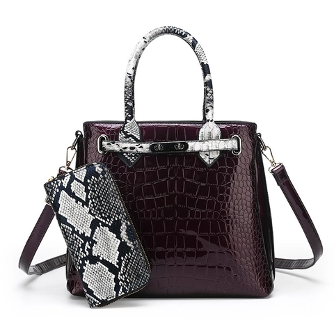 Handbag And Wallet PU Leather Crocodile Embossed Snake Pattern Contrast Large Capacity Fashion Shoulder Bag For Women