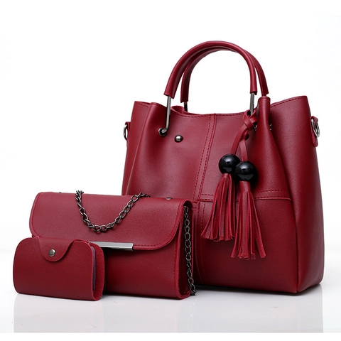 Women PU Leather Handbag And Chain Shoulder Bag And Card Holder With Tassels Solid Color Elegant Fashion Large Tote