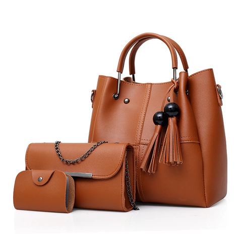 Women PU Leather Handbag And Chain Shoulder Bag And Card Holder With Tassels Solid Color Elegant Fashion Large Tote