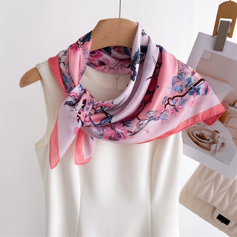 Women Floral Print Square Scarf Satin Like Satin Neck Headscarf Elegant Spring Flower Shawl Accessory