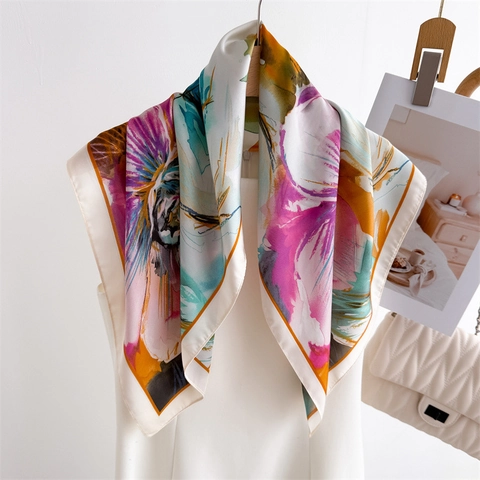 Floral Print Square Scarf Polyester Satin Elegant Neck Headscarf Versatile Shawl Artistic Pattern For Women