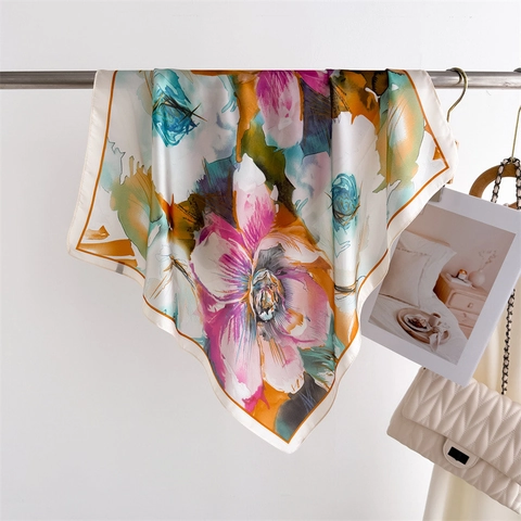 Floral Print Square Scarf Polyester Satin Elegant Neck Headscarf Versatile Shawl Artistic Pattern For Women