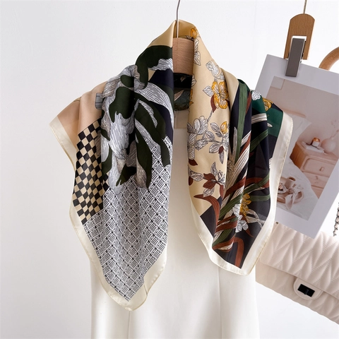 Elegant Floral Printed Square Scarf Satin Satin Feeling Checkerboard Headband Neck Kerchief For Women Retro Accessory