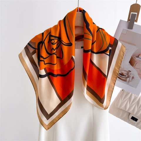 Sciarpa Quadrata Fiori Dipinti Inchiostro Geometrico Raso Poliestere Elegante Motivo Rosa Moderno Bandana Alta Gamma Donne