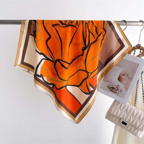 Sciarpa Quadrata Fiori Dipinti Inchiostro Geometrico Raso Poliestere Elegante Motivo Rosa Moderno Bandana Alta Gamma Donne