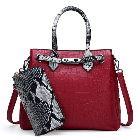 Crocodile Snake Pattern PU Leather Handbag Shoulder Crossbody Bag Set With Metal Lock For Women Daily Office Fashion