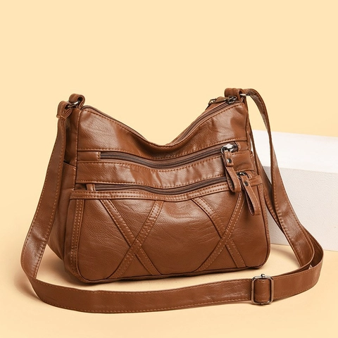 Women Crossbody Bag Soft PU Leather Multi Zipper Pockets Large Capacity Shoulder Bag Casual Daily Solid Color