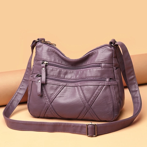 Women Crossbody Bag Soft PU Leather Multi Zipper Pockets Large Capacity Shoulder Bag Casual Daily Solid Color