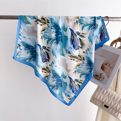 Women Abstract Floral Print Faux Satin Square Scarf Satin Glossy Lightweight Elegant Headscarf Shawl Neck Wrap Accessory