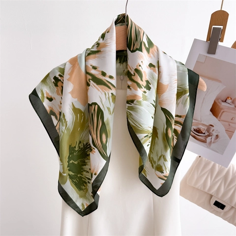 Women Abstract Floral Print Faux Satin Square Scarf Satin Glossy Lightweight Elegant Headscarf Shawl Neck Wrap Accessory