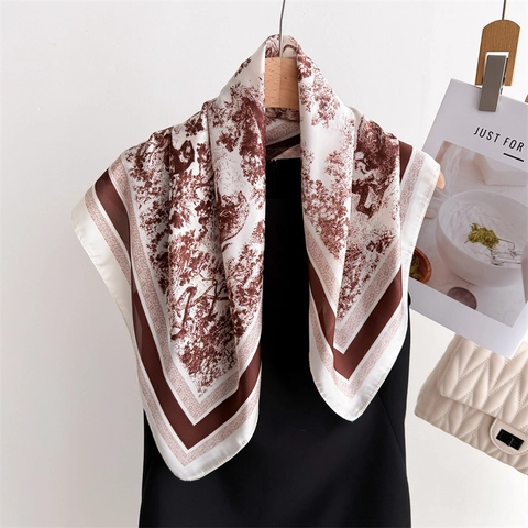 Vintage Toile de Jouy Print Satin Square Scarf For Women Elegant Landscape Animal Pattern Neck Head Silk Like Scarf Shawl