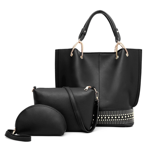 Fashion PU Leather Tote Shoulder Bag Set Studded Large Capacity Handbag With Crossbody Bag And Pouch For Women