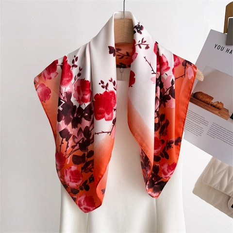 Floral Square Scarf Satin Polyester Gradient Rose Print Elegant Head Wrap Neck Shawl For Women Fashion Accessory
