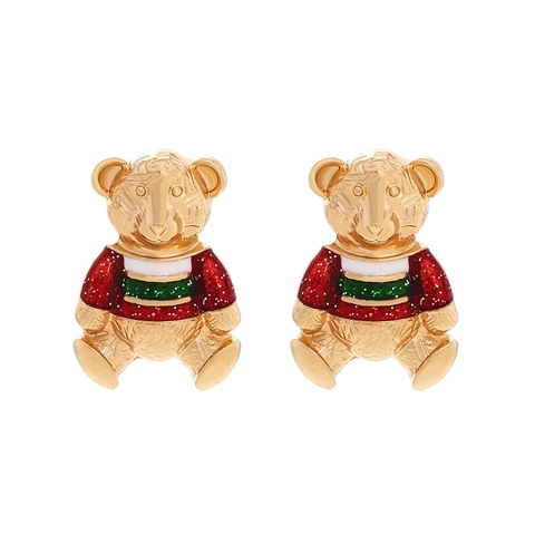 Pendientes de Botón de Oso de Dibujos Animados Esmalte Navidad Rojo Verde Rayado Aleación de Zinc Joyería Regalo Mujer