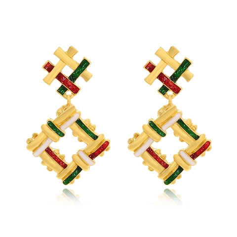 Geometric Dangle Earrings Zinc Alloy Gold Plated Drip Oil Enamel Red Green White Christmas Holiday Jewelry For Women