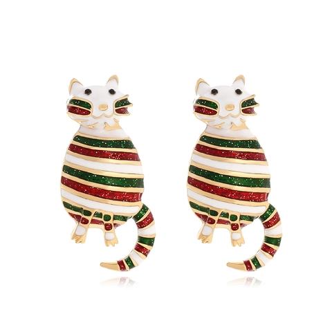 Süße Katzen Weihnachten Ohrstecker Legierung Emaille Gestreiftes Muster Glitzer Festlicher Schmuck Für Damen