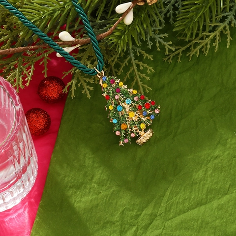 Weihnachtsbaum Anhänger Halskette Zinklegierung Bunte Strasssteine Grüne Kordel Festliches Party Accessoire Für Damen