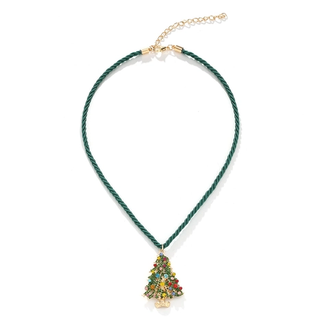 Weihnachtsbaum Anhänger Halskette Zinklegierung Bunte Strasssteine Grüne Kordel Festliches Party Accessoire Für Damen