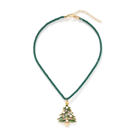 Christmas Tree Pendant Necklace Alloy Colorful Rhinestone Imitation Artificial Pearl Green Woven Rope Retro Holiday Party Jewelry