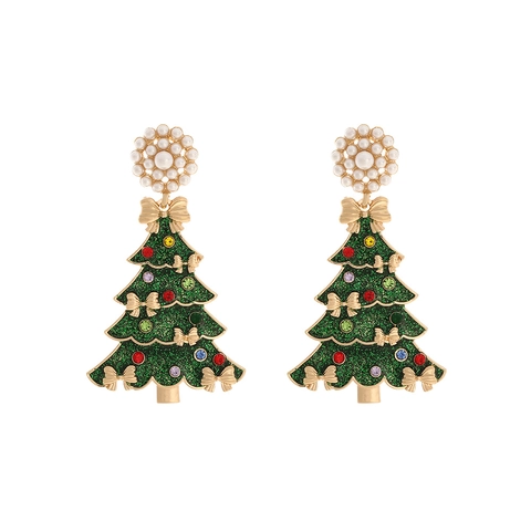 Christmas Tree Dangle Earrings Alloy Faux Artificial Pearl Bowknot Multi Color Rhinestone Stainless Steel Earring Post For Women