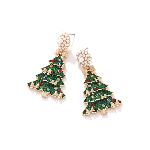 Christmas Tree Dangle Earrings Alloy Faux Artificial Pearl Bowknot Multi Color Rhinestone Stainless Steel Earring Post For Women
