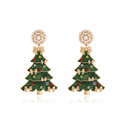 Christmas Tree Dangle Earrings Alloy Faux Artificial Pearl Bowknot Multi Color Rhinestone Stainless Steel Earring Post For Women