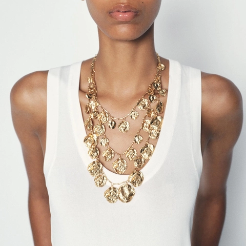 Collier Multi-Rangs À Disques Martelés Alliage De Zinc Pendentifs Ronds Superposés Vintage Bohème Bijoux Élégants Pour Femmes