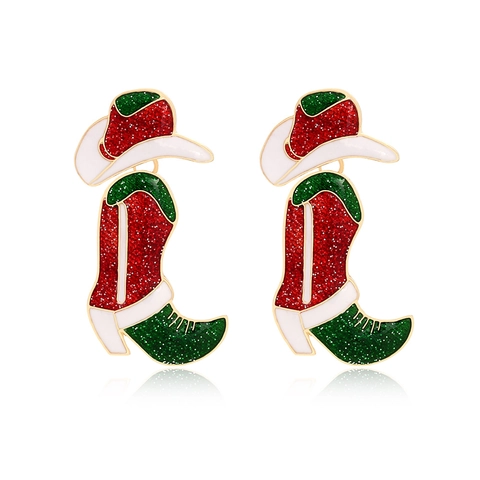 Boucles D'oreilles Pendantes Chapeau Et Bottes De Cow-boy Alliage Émail Paillettes Bijoux De Noël Pour Femmes