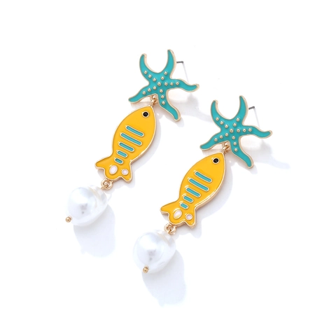 Orecchini Pendenti in Lega Vintage Smalto Stella Marina Pesce Tropicale Con Perla Sintetica Gioielli Animali Marini Donna