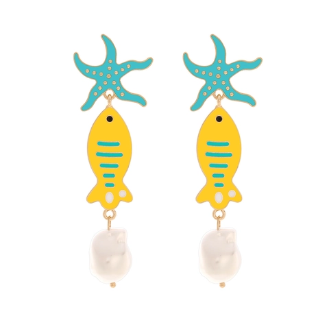 Orecchini Pendenti in Lega Vintage Smalto Stella Marina Pesce Tropicale Con Perla Sintetica Gioielli Animali Marini Donna