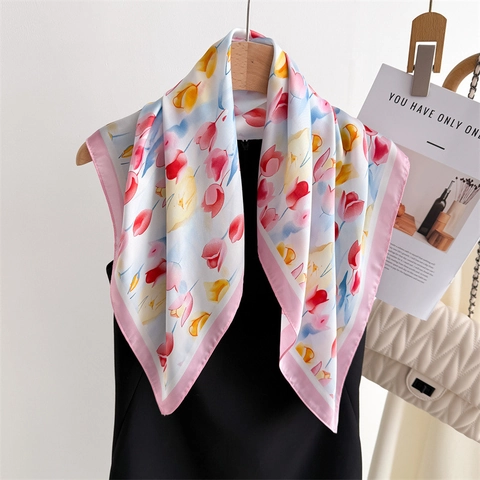 Sciarpa Quadrata Con Stampa Floreale Da Donna Elegante Motivo A Tulipano Foulard In Raso Setoso Ufficio Professionale Versatile
