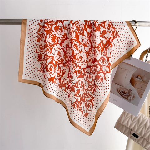 Elegant Square Scarf Rose Floral Polka Dot Print Polyester Satin Neck Wrap For Women Vintage French Style Accessory