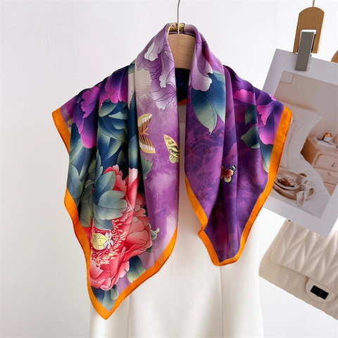 Floral Print Square Scarf Satin Feeling Polyester Elegant Head Neck Kerchief For Women Professional Office Accessory