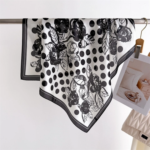 Elegant Polka Dot Floral Square Scarf Polyester Satin Neck Wrap French Retro Headscarf For Women