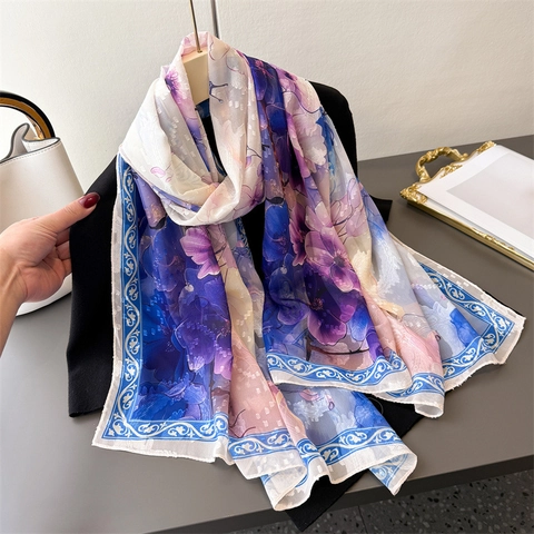 Women Elegant Floral Print Scarf Satin Like Lightweight Shawl Wrap For Sun Protection Fashion Butterfly Jacquard