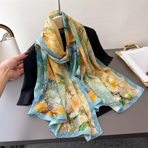 Women Elegant Floral Print Scarf Satin Like Lightweight Shawl Wrap For Sun Protection Fashion Butterfly Jacquard