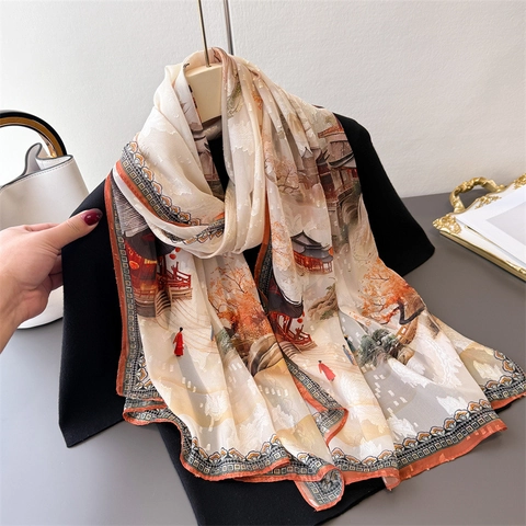 Écharpe Longue Femme Châle Polyester Texture Satin Architecture Chinoise Traditionnelle Peinture À L'huile Protection Solaire