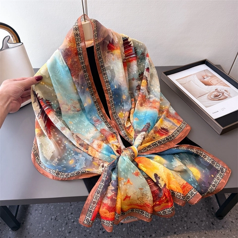 Women Long Satin Scarf Shawl Polyester Lightweight Sun Protection Chinese Dunhuang Art Print Elegant Travel Wrap