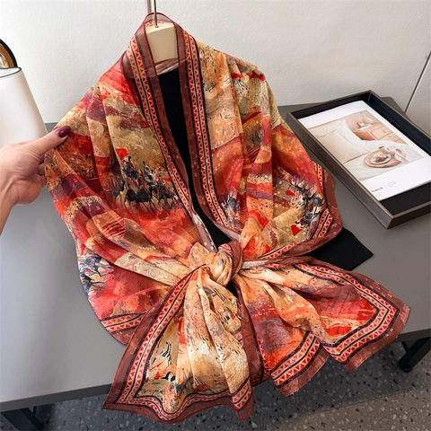 Women Long Satin Scarf Shawl Polyester Lightweight Sun Protection Chinese Dunhuang Art Print Elegant Travel Wrap