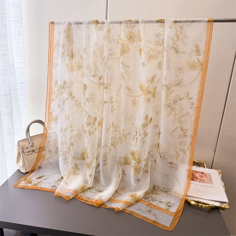 Elegant Women Floral Print Long Scarf Lightweight Sunscreen Shawl Soft Polyester Gauze Wrap Summer Beach Accessory