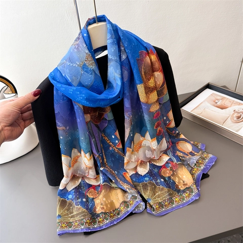 Floral Print Long Scarf For Women Elegant Gradient Magnolia Lotus Lightweight Satin Like Shawl Sun Protection Beach Wrap