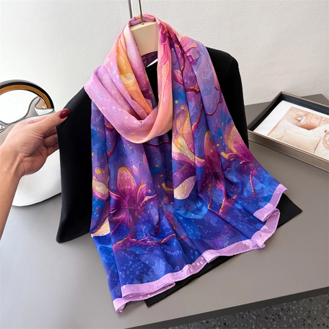 Floral Print Long Scarf For Women Elegant Gradient Magnolia Lotus Lightweight Satin Like Shawl Sun Protection Beach Wrap
