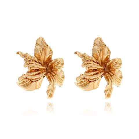 Vintage Golden Large Flower Stud Earrings Alloy 3D Floral Textured Statement Jewelry For Women