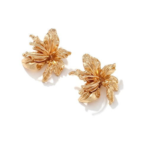 Vintage Golden Large Flower Stud Earrings Alloy 3D Floral Textured Statement Jewelry For Women