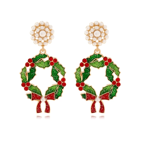 Christmas Wreath Drop Earrings For Women Alloy Enamel Imitation Artificial Pearl Bowknot Rhinestone Holiday Party Jewelry Gift