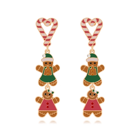 Christmas Gingerbread Man Drop Earrings Alloy Enamel Heart Candy Cane Rhinestone Festive Dangle Jewelry For Women