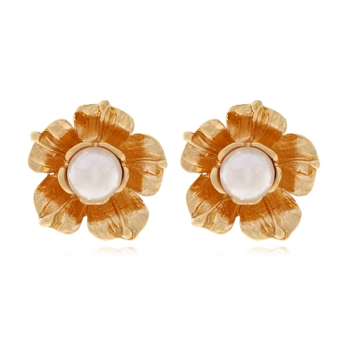 Bloemen Oorknopjes Legering Getextureerde Vintage Vijf Bloemblad Floral Met Kunstparel Sieraden Voor Vrouwen