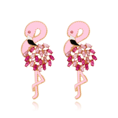 Flamingo Dangle Earrings Pink Enamel Alloy With Marquise Rhinestone Statement Animal Theme Jewelry For Women