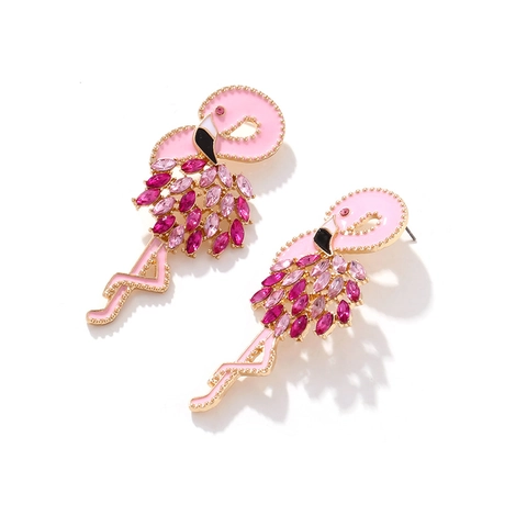 Flamingo Dangle Earrings Pink Enamel Alloy With Marquise Rhinestone Statement Animal Theme Jewelry For Women